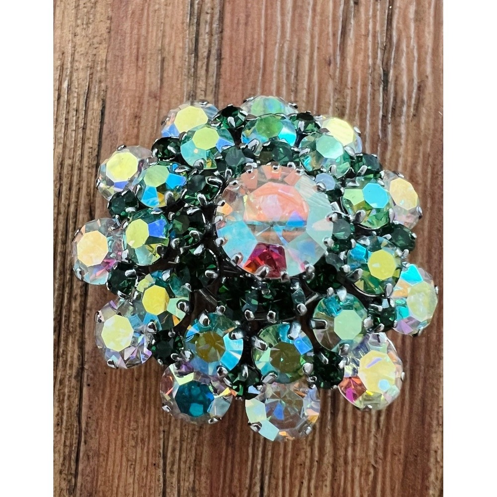 Vintage Gorgeous Pristine Multicolored Green Austrian Crystal Brooch Signed